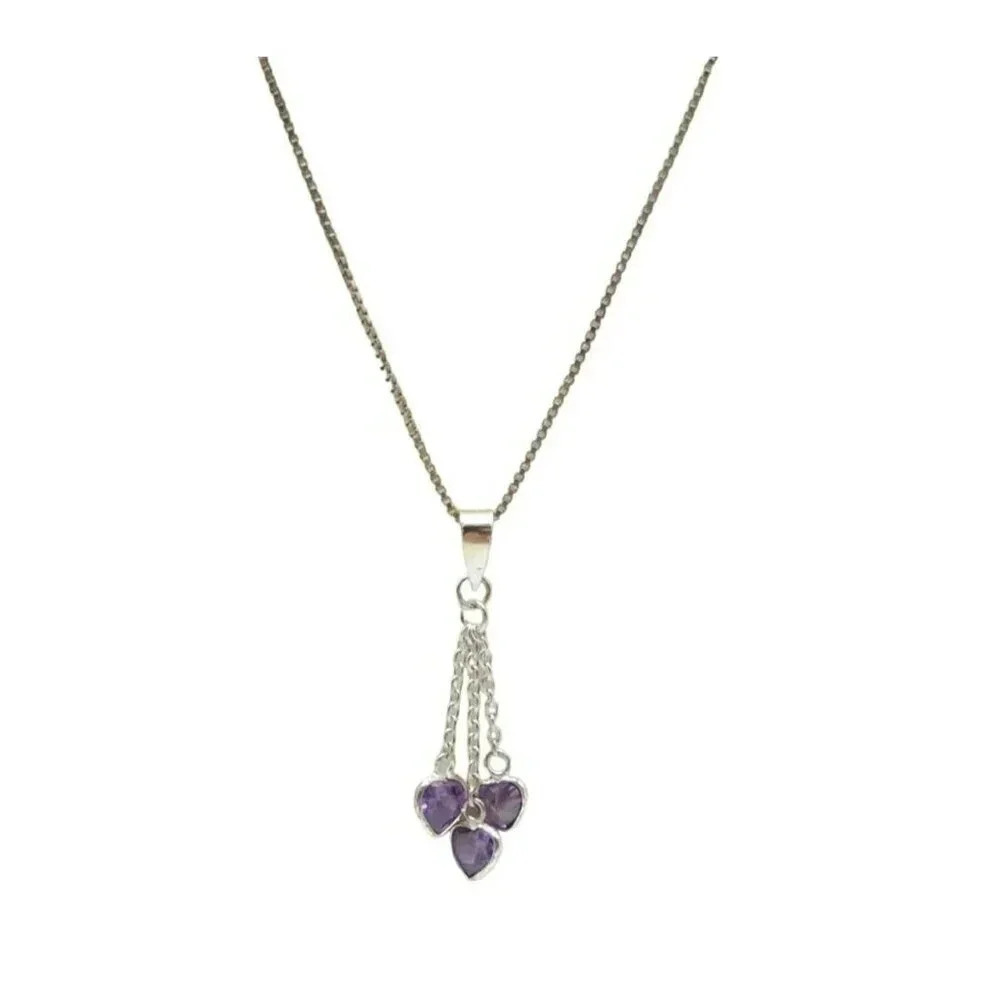 925 Sterling Silver Purple Amethyst Heart Pendant Box Chain Necklace VTG Italy